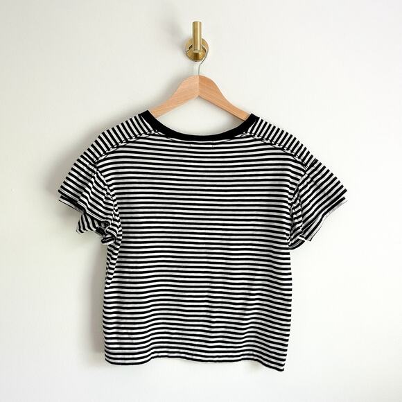 Madewell Ruffle-Sleeve Pullover Crew Neck Top Black/White XXS - Picture 8 of 10